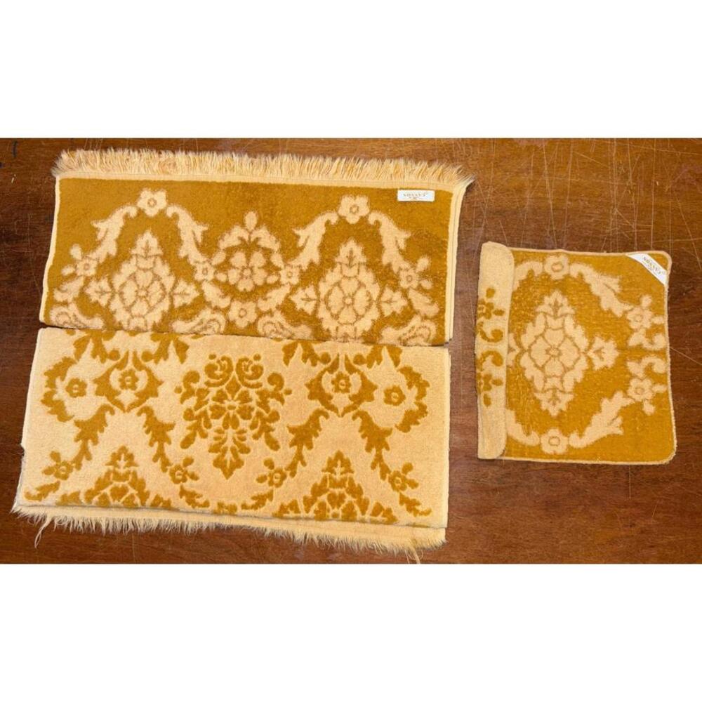 Vtg Cannon Monticello Bath (2) & Washcloth Towels Floral 3pc Gold/Brown Fringe